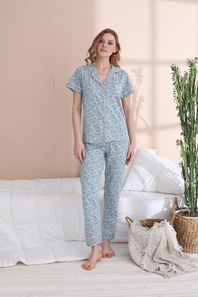JENİKA Mint Green Cotton Floral Buttoned 2-Piece Short Sleeve Pajamas Set