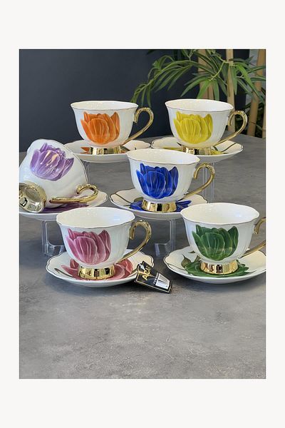 Doğudeko Luxury Porcelain 6-Piece Tifanny Tea Cup Set