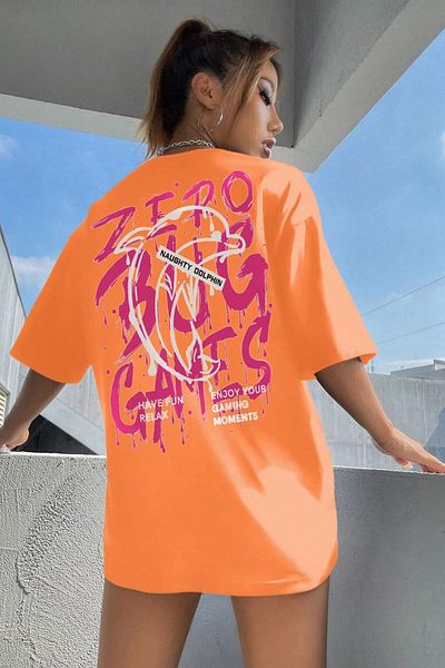 MODAGEN Tricou oversize unisex portocaliu cu decolteu rotund cu imprimeu