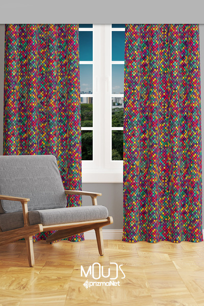 Moud's Renkli Küçük Kare Desenli Süet Oturma Odası Salon Fon Perde Baskılı Ek...