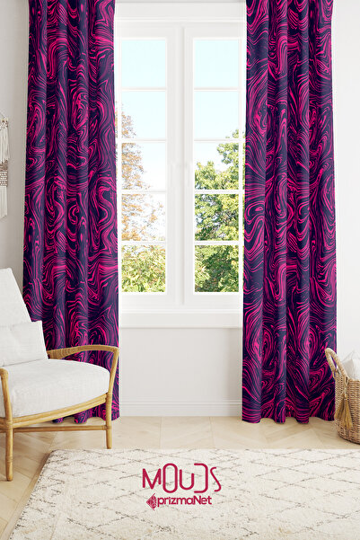 Moud's Fuşya Desenli Süet Oturma Odası, Salon Fon Perde Dijital Baskılı Ekstr...