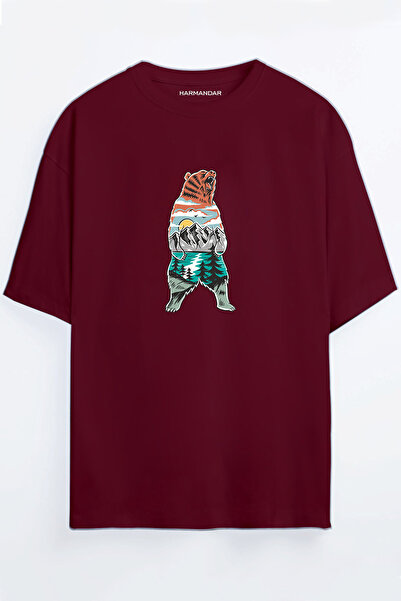 Harmandar Forest Bear Printed Unisex Negru - Alb - Portocaliu - Bej Tricou Ov...