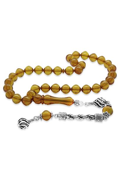 Tesbihane Tarnish-Free Metal Rope Tasseled Istanbul Cut Yellow Fire Amber Rosary
