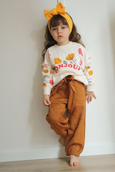 MİNİKO KİDS GIRL'S BONJOUR WRITTEN SUEDE TROUSERS DOUBLE SET