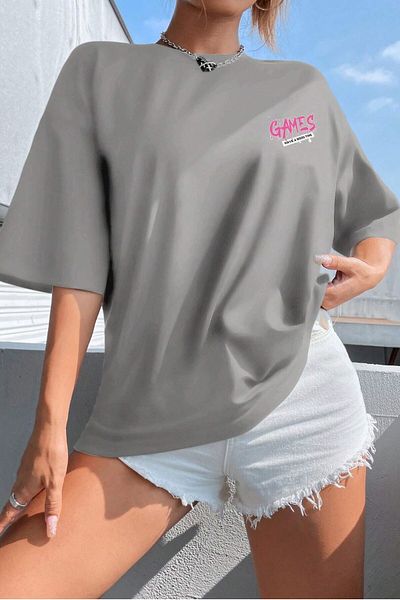 MODAGEN Unisex Stone Grey Παιχνίδια με λαιμόκοψη με στάμπα Oversize T-shirt