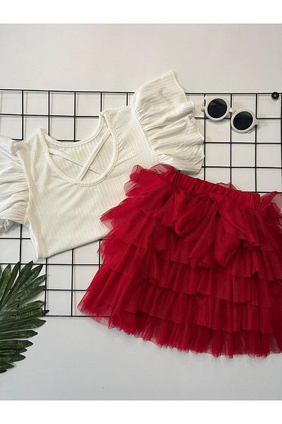 MİNİKO KİDS GIRL'S 23 APRIL TULLE SKIRT SHORT SLEEVE DOUBLE SET