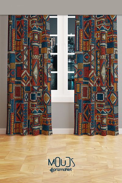 Moud's Anatolia 6 Patterned Suede Living Room Hall Background Curtain Printed Extrafor Drawstring 2 Sash PRD-1014