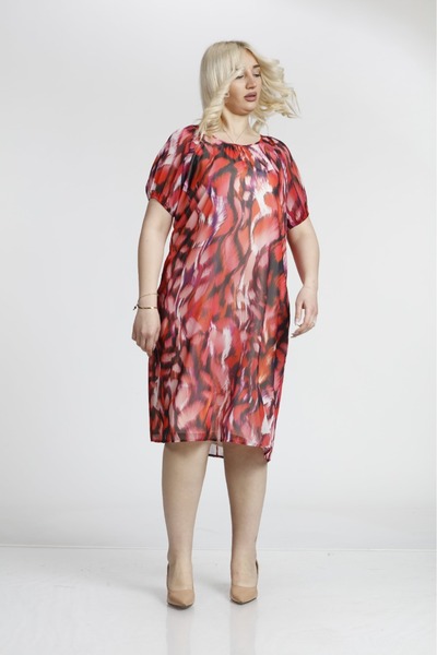 ASLNOVA Kısa Kollu Viskon-Polyester Büyük Beden Şifon Elbise