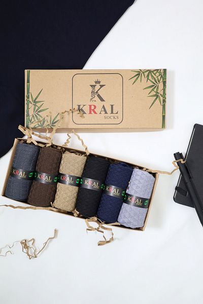 KRAL SOCKS Дълги бамбукови чорапи (6 чифта) Висококачествени летни безшевни парфюмирани мъжки чорапи в подаръчна кутия
