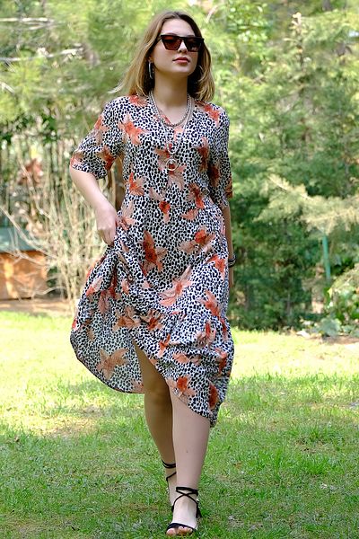 AVORWE Rochie lungă cu decolteu în V, cu fustă florală și detaliu cu volane pe mâneci