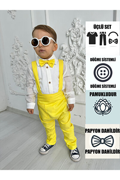 Ares Kids Fashion Sarı Salopet Ve Beyaz Gömlek Set Papyonlu Çocuk Ve Bebek Giyim Özel Gün Ve Bayramlar Kız Erkek