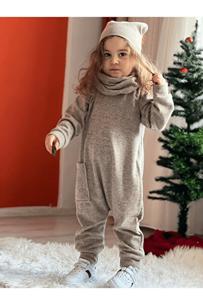 Ares Kids Fashion Unisex Gray Jumpsuit with Beanie Neck Collar Children's and Baby Clothing for Holiday and Special Daily Comfortable