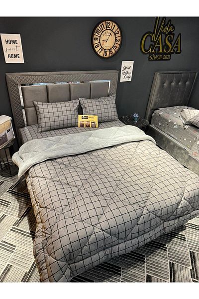 tekstildiyarı Smoked Square - Double and Reversible Welsoft Puffy Quilt Set