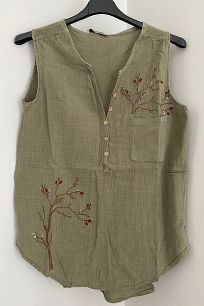 AYASOFYA OTANTIK Women's Khaki Tree Embroidery Embroidered Button Detailed Sleeveless Blouse