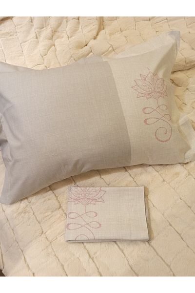 ŞENER HOME 100% Cotton Poplin Flounced 2-Piece Pillow Case 50X70 cm - Line Pink Floral Gray