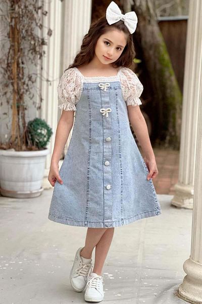 Riccotarz Girls' Transparent Lace Embroidered Balloon Sleeve Jeans Dress with Collar and Sleeves