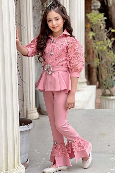 Riccotarz Girl's Lace Embroidered Shirt Collar Blouse with Slit Detail Spanish Leg Pants Powder Top