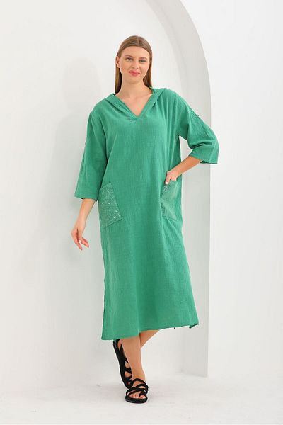AYASOFYA OTANTIK Women's Green Hooded Sequin Pocket Detailed Long Loose Linen Dress
