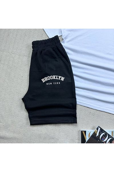 khufu Oversize White Relaxed Fit Brooklyn Printed T-shirt Black Shorts and Sweatpants 3-Piece Set Unisex