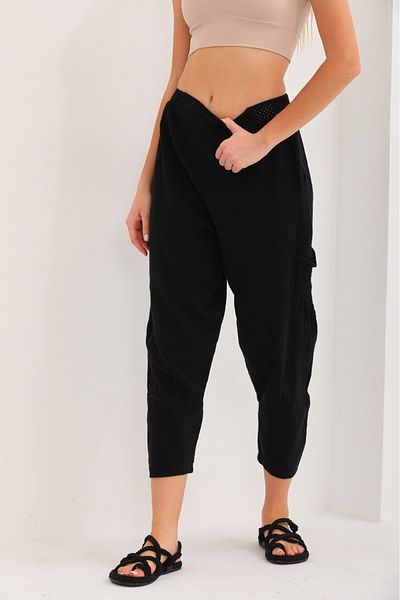 AYASOFYA OTANTIK Women's Black Elastic Waist Side Mesh Pocket Linen Shalwar Trousers