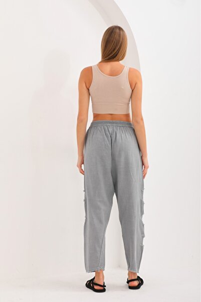 AYASOFYA OTANTIK Women's Gray Elastic Waist Side Mesh Patch Detailed Shalwar Trousers