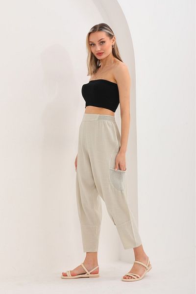 AYASOFYA OTANTIK Women's Beige Elastic Waist Side Mesh Pocket Linen Shalwar Trousers