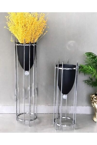 Besthırdavat Krom Kaplı 2'li Dekoratif Saksılık Siyah ve Beyaz