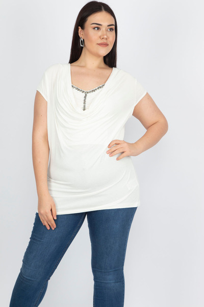 Şans Women's Large Size Bone Stone Detailed Low Collar Blouse 65N37662