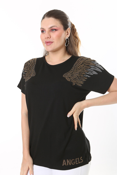 Şans Women's Plus Size Black Angels Stone Detailed Short Sleeve Blouse 65N37675