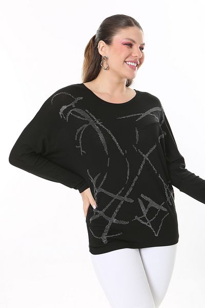 Şans Women's Plus Size Black Stone Detailed Bat Sleeve Blouse 65N37689