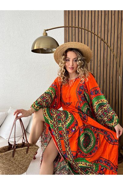 AYASOFYA OTANTIK Women's Orange Ethnic Pattern Balloon Sleeve Long Dress