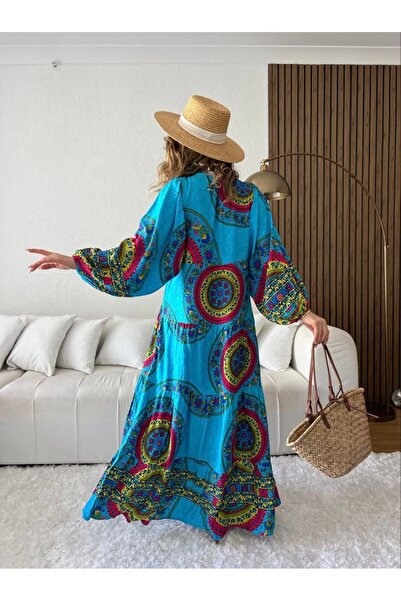 AYASOFYA OTANTIK Kadın Mavi Etnik Desen Balon Kollu Uzun Elbise