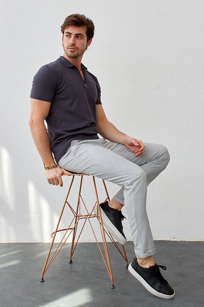 RAVANELLI Tricou modern pentru bărbați, slim fit, cu fermoar, cu guler polo