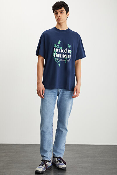 GRIMELANGE Roklen férfi 100% pamut nyakú, nyomott sötétkék póló