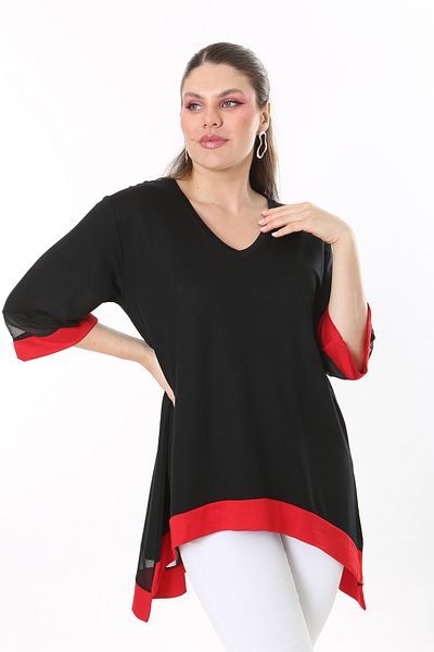Şans Women's Large Size Red Sleeve and Skirt Tip Tulle and Garni Detailed V-Neck Long Back Tunic 65N37681