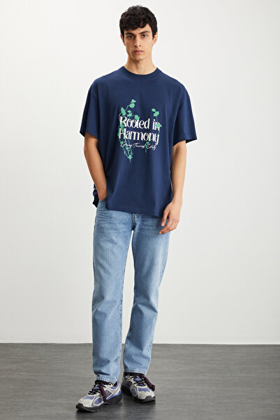 GRIMELANGE Roklen férfi 100% pamut nyakú, nyomott sötétkék póló