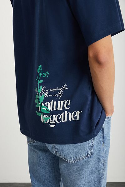 GRIMELANGE Tricou pentru bărbați Roklen, 100% bumbac, cu decolteu, imprimat, albastru bleumarin