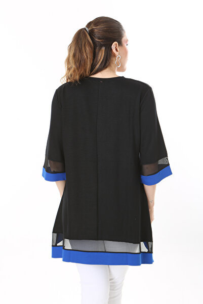 Şans Women's Large Size Saxe Sleeve and Skirt Tip Tulle and Garni Detailed V-Neck Long Back Tunic 65N37681