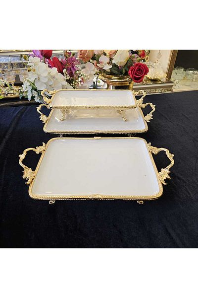 MaviDamla 3 PIECES CASTED LEG PORCELAIN PRESENT SET CASTED EDGE MOTIFIED GOLD