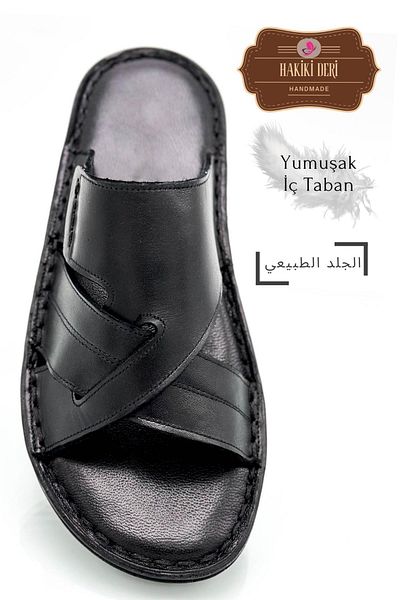 Moda Lalin Genuine Real Leather Men's Slippers Lightweight Slippers Leather G Black