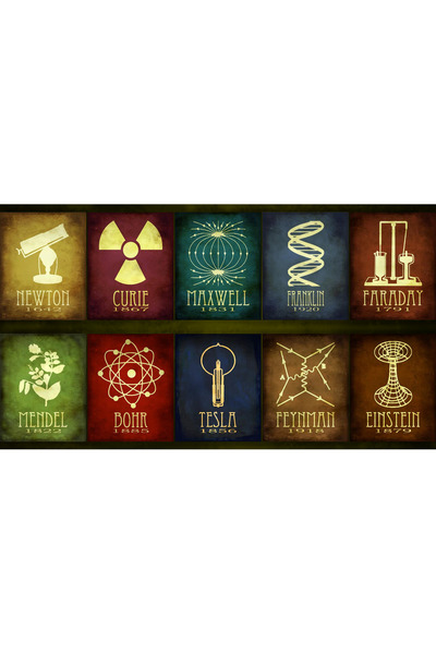 512 STORE Bilim Adamları Duvar Poster 30x42 Çerçevesiz / Tasarım / Newton /Tesla /Mendel/Einstein /Curie /Bohr