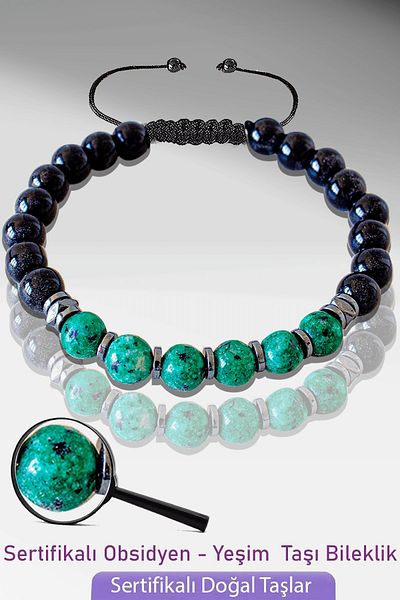 Tesbih Atölyesi Certified Real Natural Obsidian - Jade Stone Bracelet - Adjustable