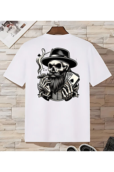 Gölge Store Tricou unisex supradimensionat cu pălărie de motocicletă și imprimeu cu craniu