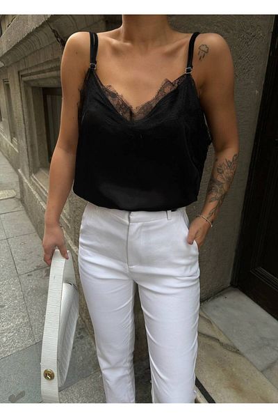 Pulli Collection Δαντέλα Λεπτομερής Σατέν Μπλούζα με Ρυθμιζόμενο λουράκι Μαύρη