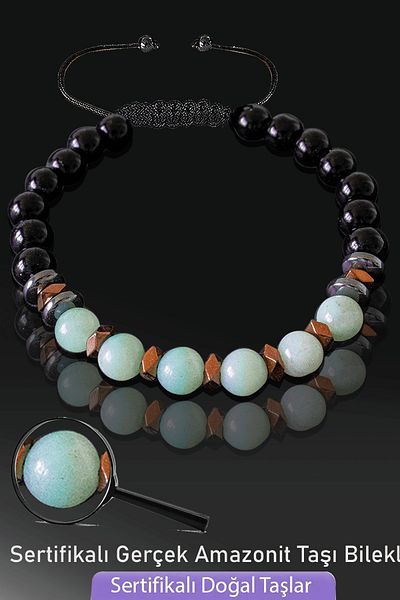 Tesbih Atölyesi Certified Natural Obsidian - Amazonite Stone Bracelet - Adjustable