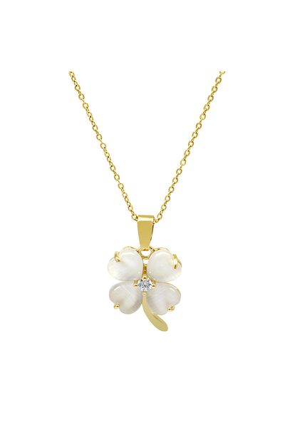 Tesbihane Gold Color Heart Detailed Clover Leaf Design Steel Women's Necklace
