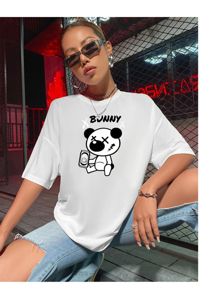 qavnas White Oversize Unisex Bunny T-shirt
