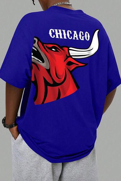 MODAGEN Tricou oversize cu imprimeu Chicago, albastru, pentru bărbați