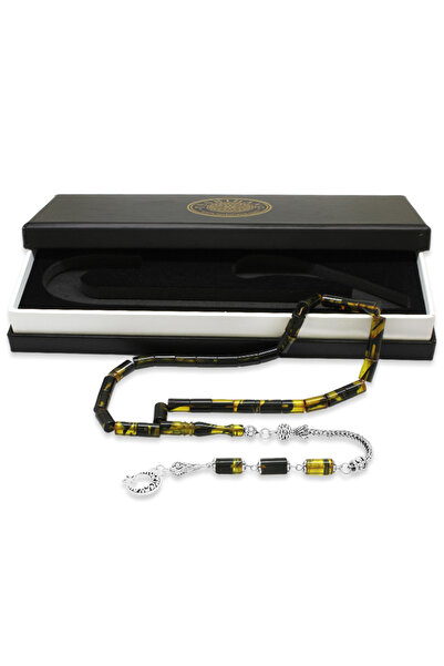 Tesbihane Non-Tarnish Metal Tasseled Cut Yellow-Black Fire Amber Rosary