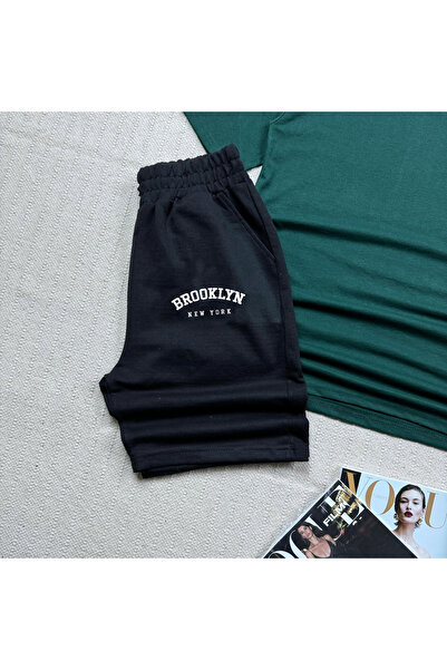 khufu Oversize Green Relaxed Fit Brooklyn Printed T-shirt Black Shorts and Sweatpants 3-Piece Set Unisex